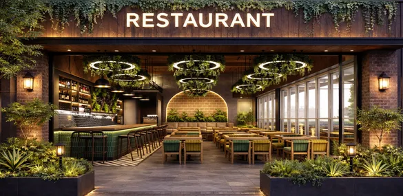 Render of a modern industrial restaurant interior